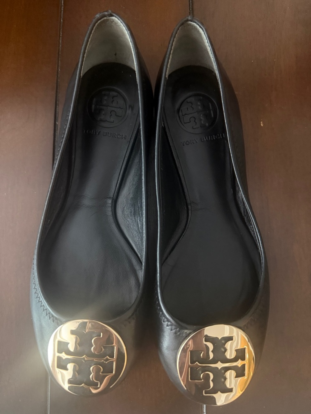 Tory Burch Black Leather Reva Ballet Flats with Gold Logo Medallions